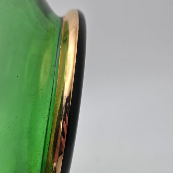 Vintage Bohemian Green Glass Lidded Candy Dish With Gold Stripes Mid Century - Picture 13 of 16